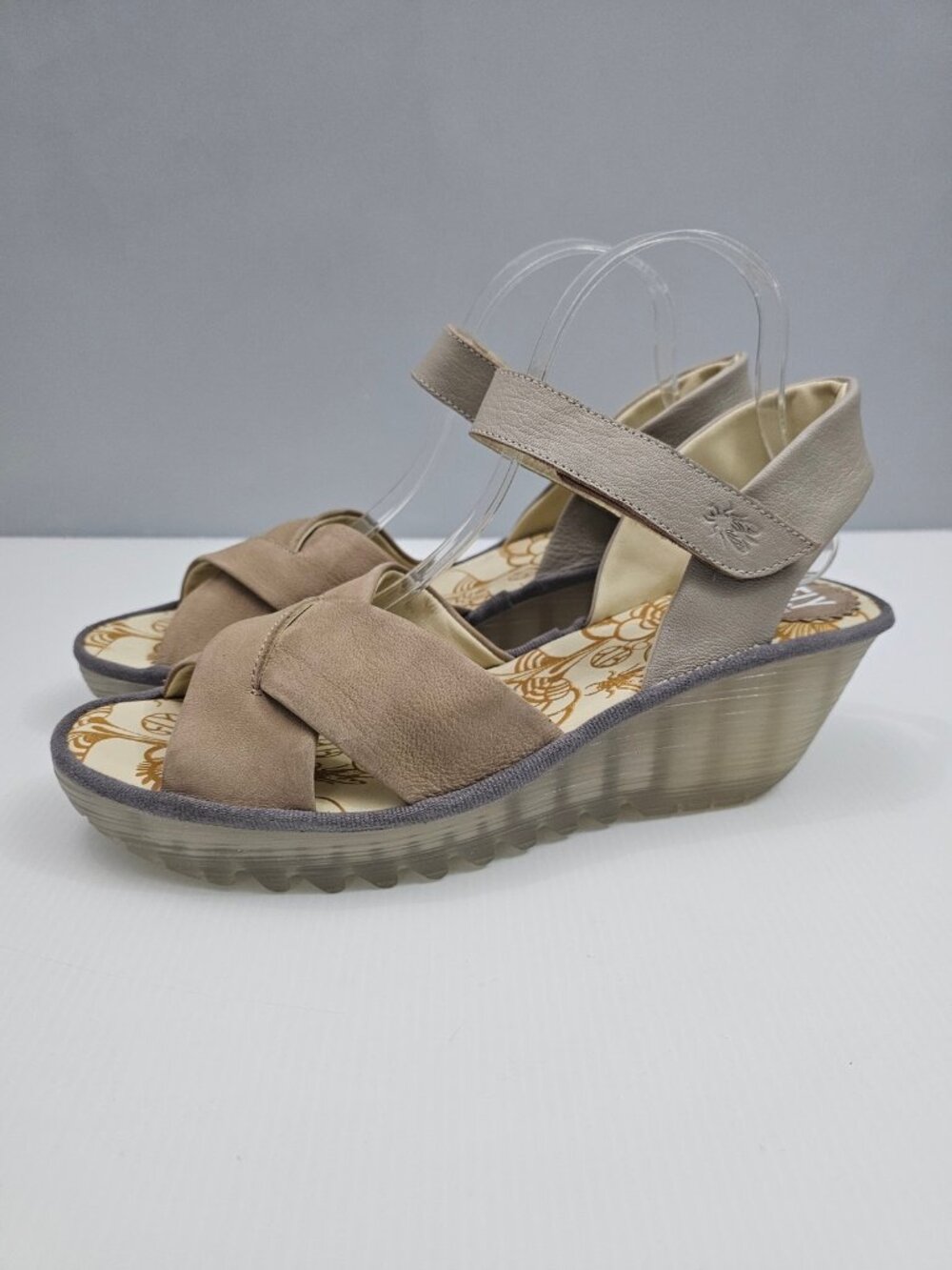 Fly London Yorg Platform Wedge Sandal Womens EU 42 Taupe Leather Walking Comfort